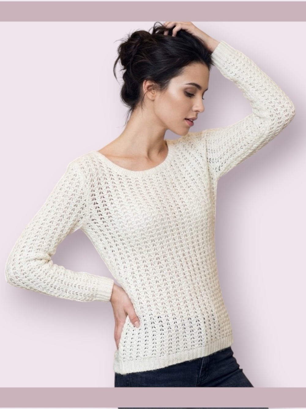 Sun & Shadow Cream Textured Open Knit Pullover Sweater